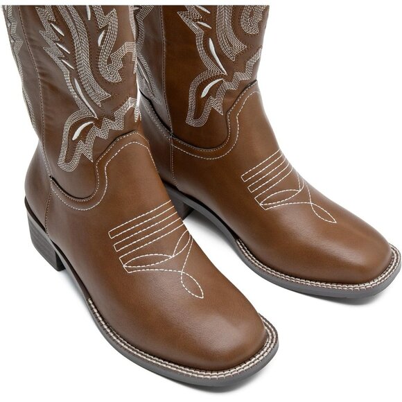 kkdom Women Brown Cowboy Square Toe Western Cowgirl Mid Calf Boot - Picture 7 of 8